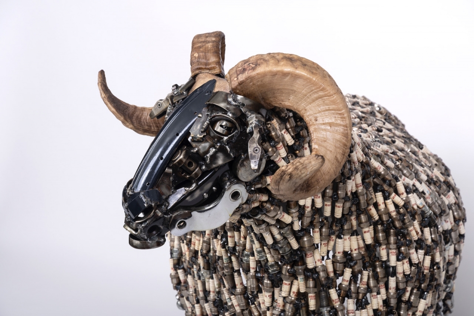 Real ram horns were incorporated into the sculpture